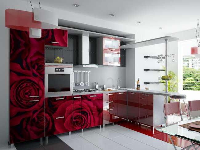 Burgundy tones in the design of the kitchen