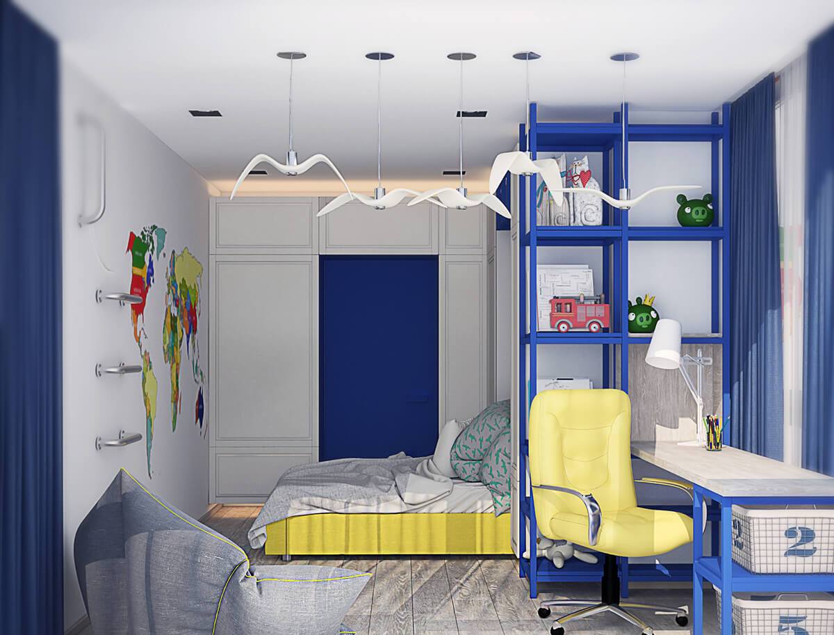 Chambre d'enfant pour un garçon aux couleurs bleues et jaunes