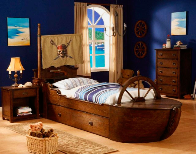 Children's bed-ship for the boy in the interior of the room